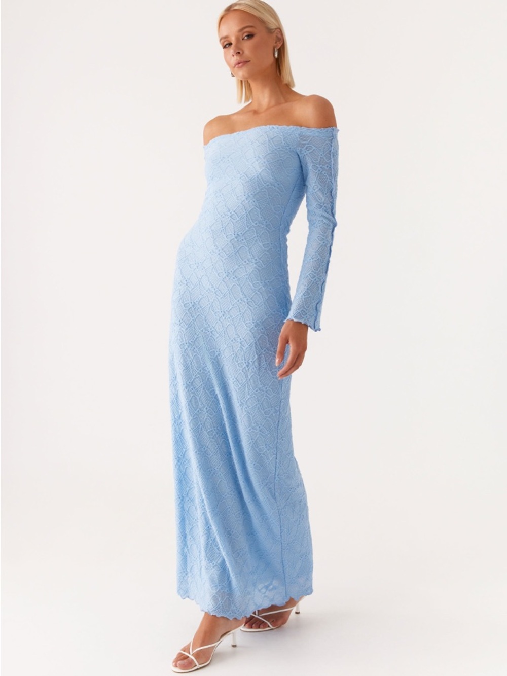 Peppermayo Sky Blue Off-Shoulder Lace Maxi Dress